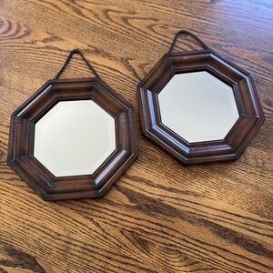Vintage Wooden Framed Octagonal Wall Mirror Pair Set Of 2 10" MCM Dark Stain